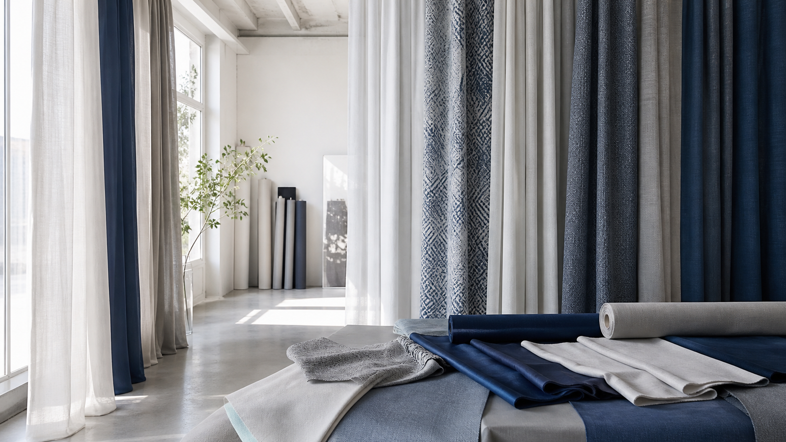 Curtain textile panels and fabric references in a design studio