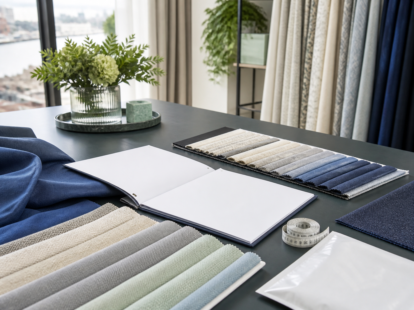 Curtain fabric samples prepared for a sourcing discussion