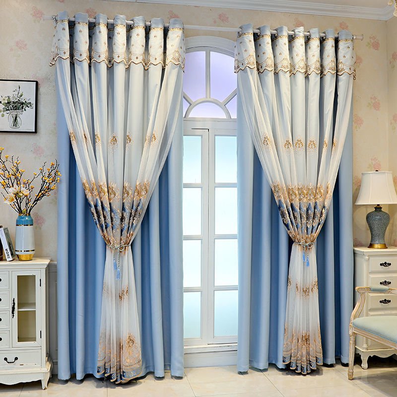 Blue Embroidered Ready Made Curtain fabric texture view 6