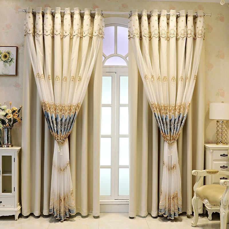 Blue Embroidered Ready Made Curtain fabric texture view 5