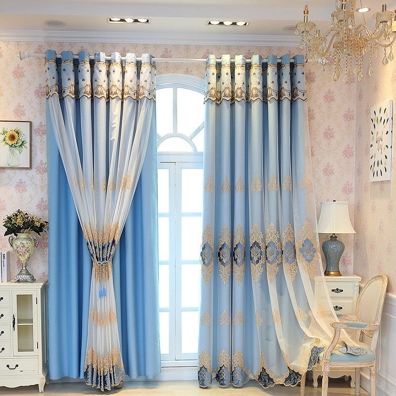 Embroidery curtain fabric supplier in China - Blue Embroidered Ready Made Curtain