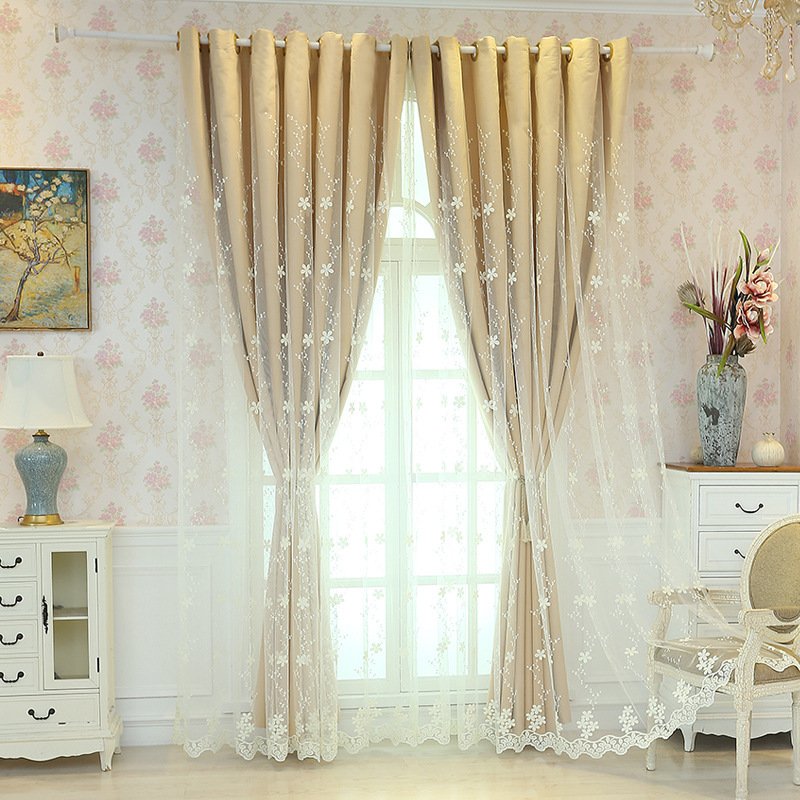 Powder Blue Embroidered Ready Made Curtain fabric texture view 3