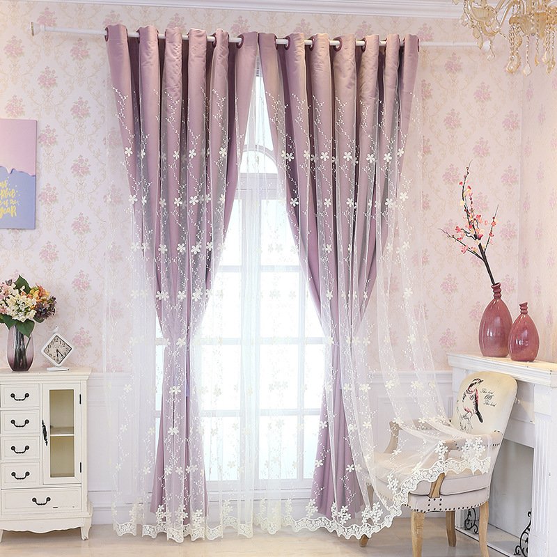 Powder Blue Embroidered Ready Made Curtain fabric texture view 5