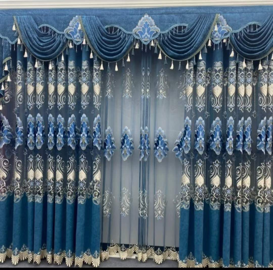 Teal Embroidered Ready Made Curtain fabric texture view 2
