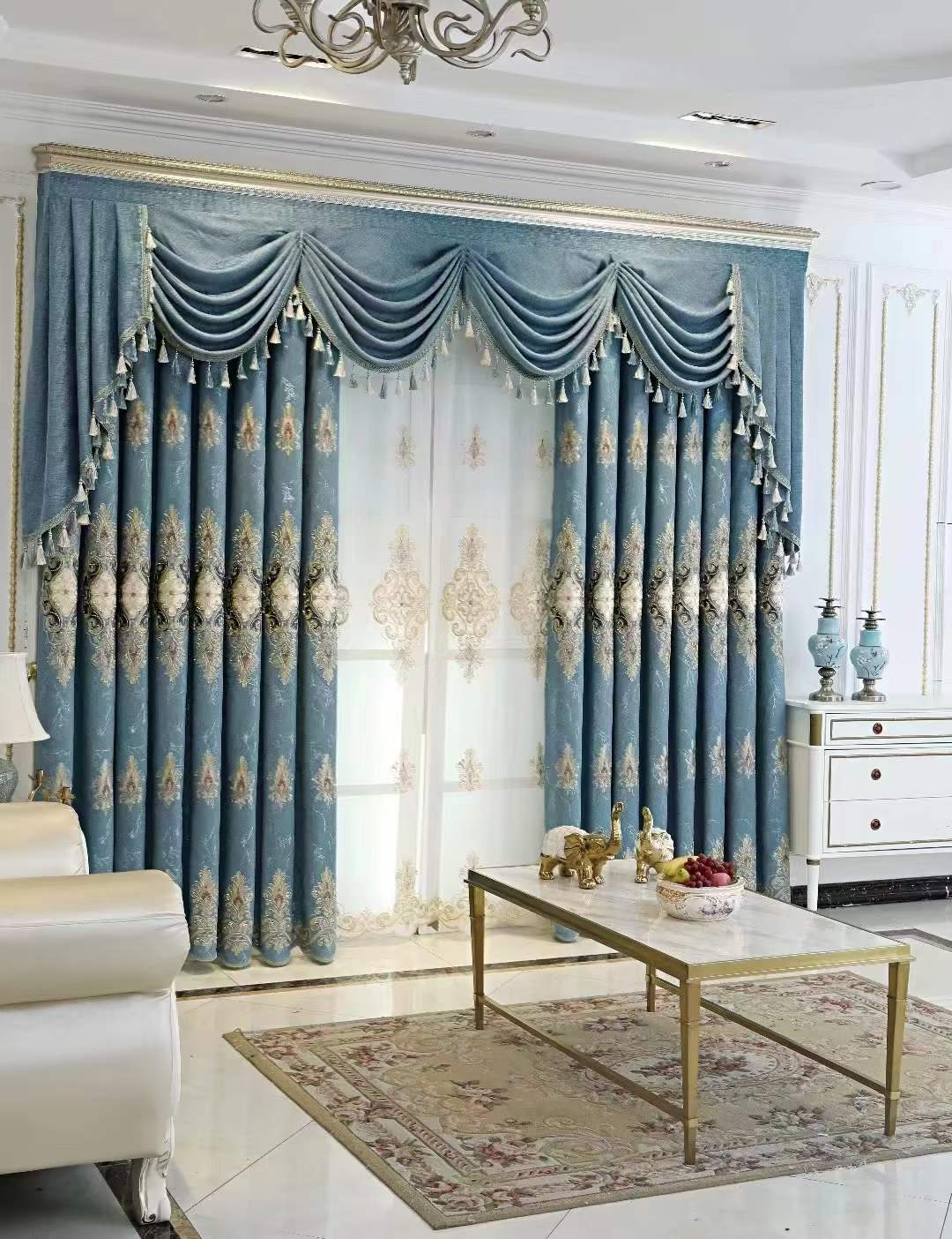 Teal Embroidered Ready Made Curtain fabric texture view 3
