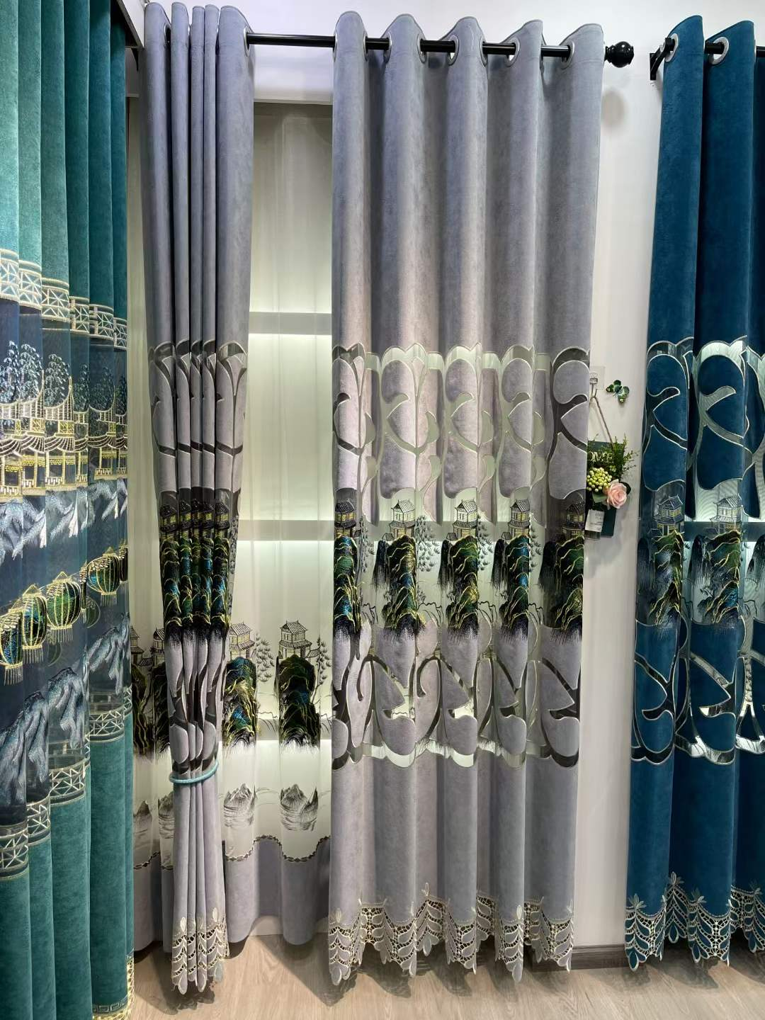 Teal Embroidered Ready Made Curtain fabric texture view 4
