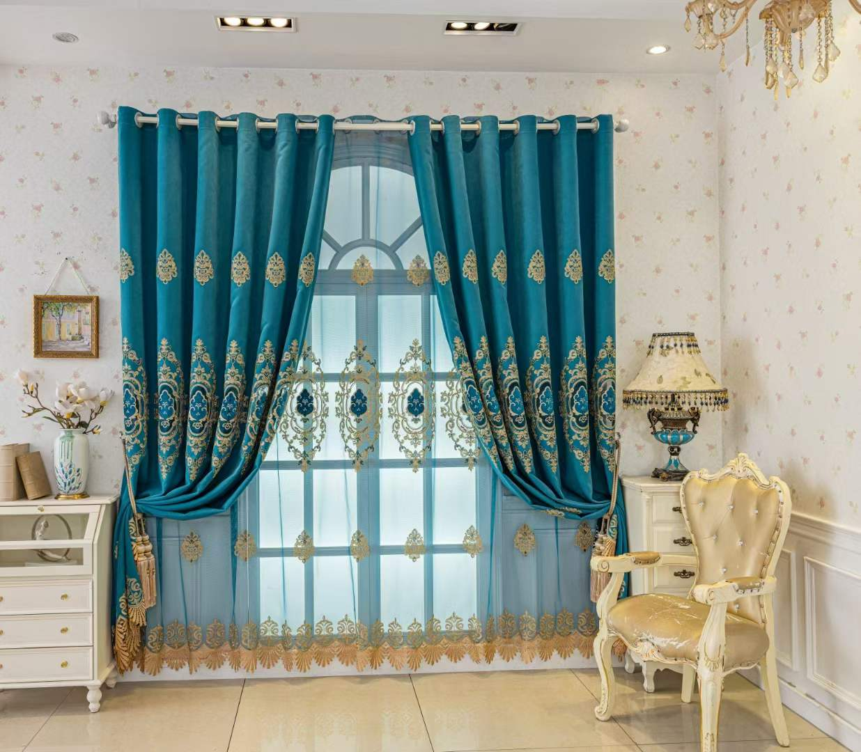 Embroidery curtain fabric supplier in China - Teal Embroidered Ready Made Curtain
