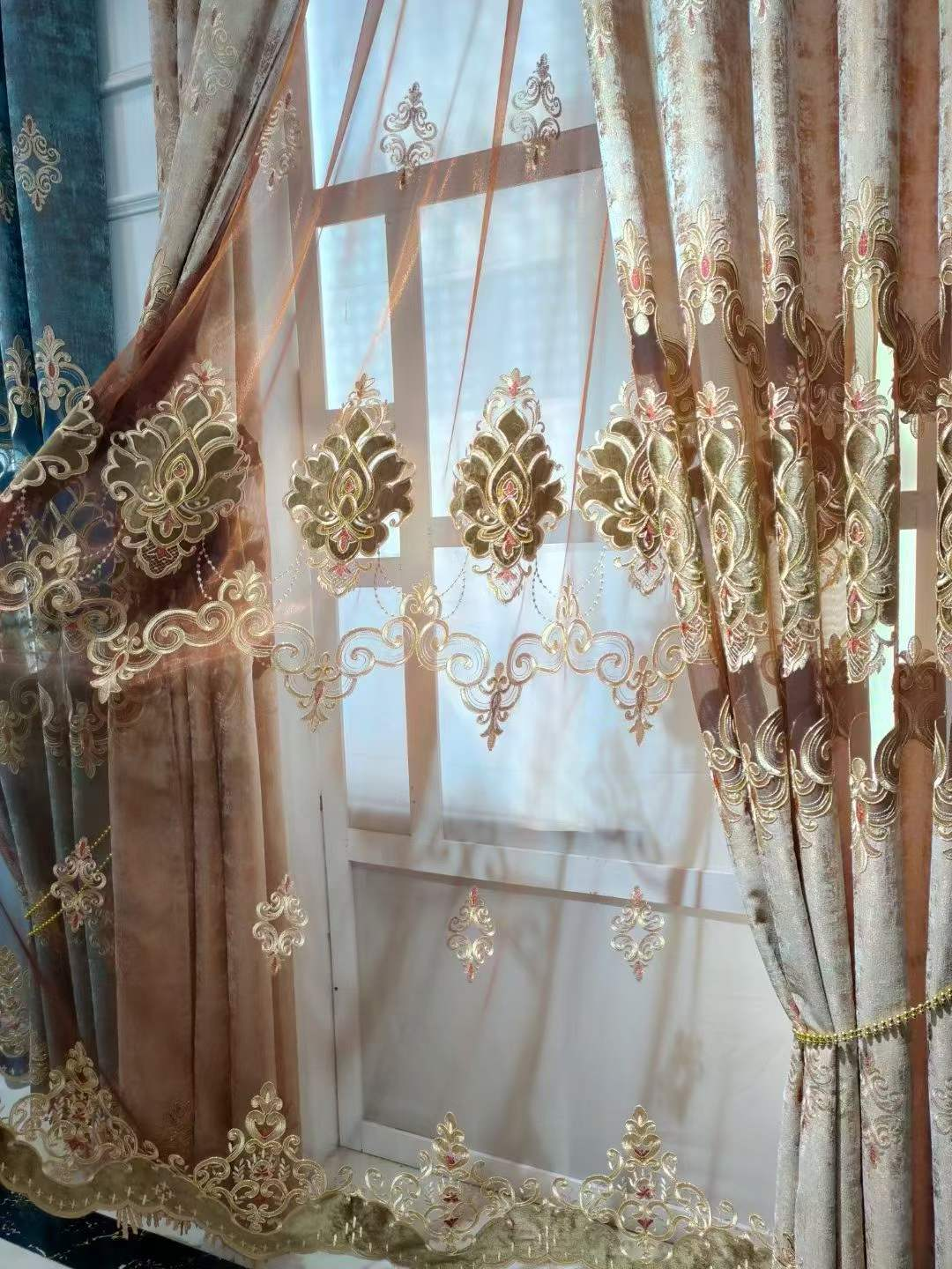 Dusty Rose Embroidered Ready Made Curtain fabric texture view 5