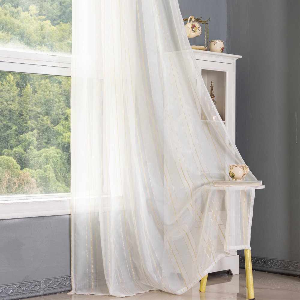 Sheer Curtain 075 White/Gold fabric texture view 2