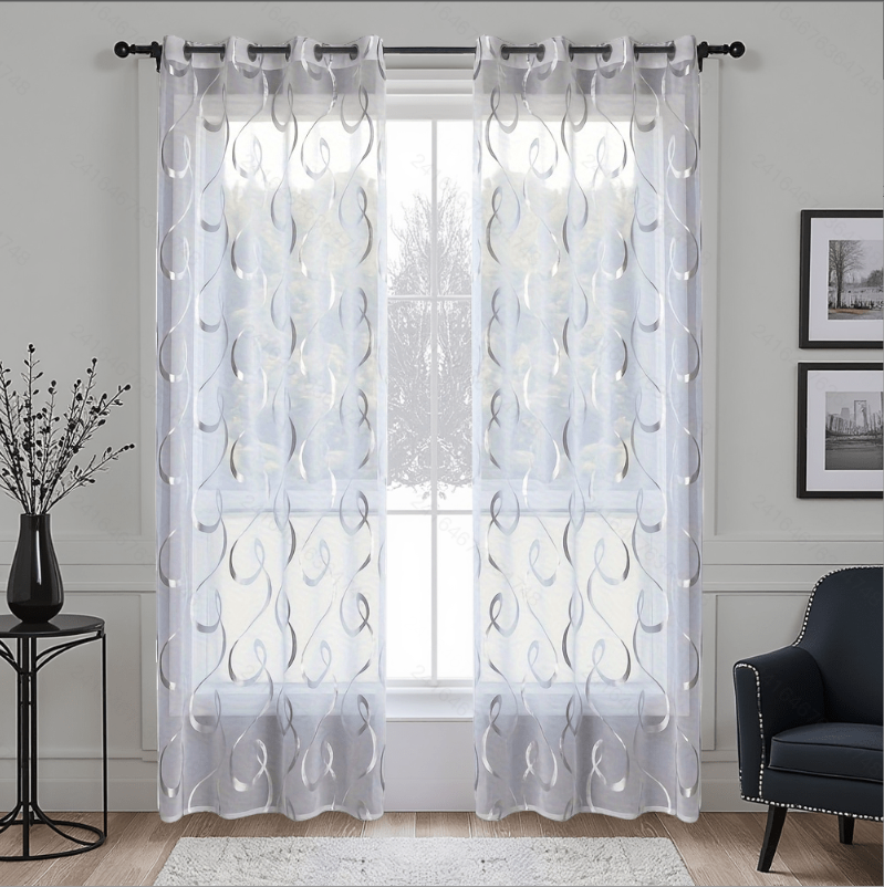 Ready Made curtain fabric supplier in China - Sheer Curtain Geometric Silver Rings