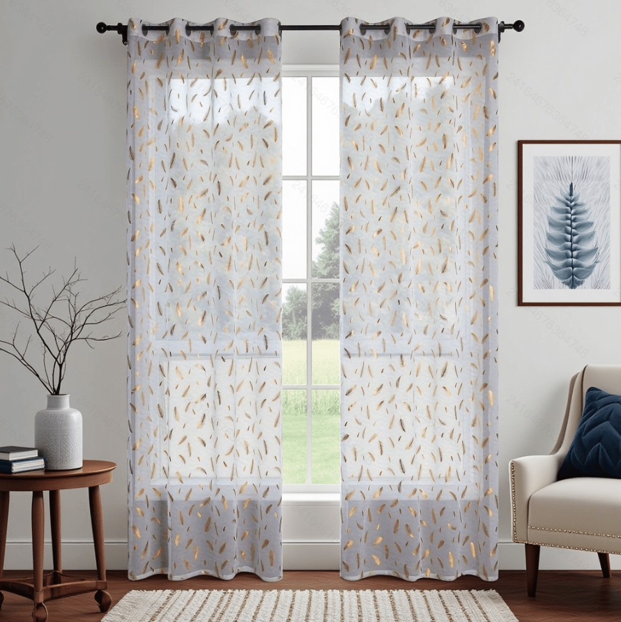 Ready Made curtain fabric supplier in China - Sheer Curtain Gold Feather